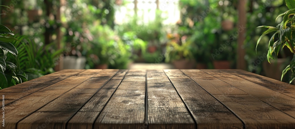Poster empty rustic wooden table in the foreground with softly blurred indoor garden background featuring v
