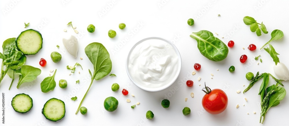 Aufkleber fresh mixed vegetables arranged with a bowl of creamy yogurt on a bright white background featuring 