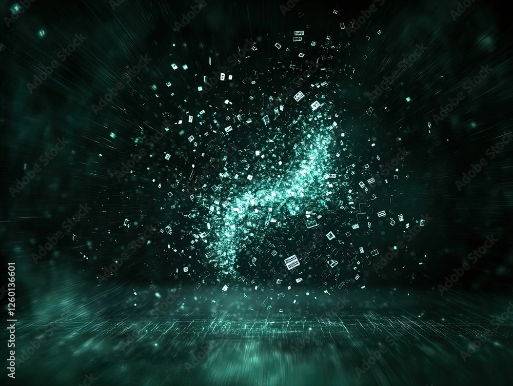 Poster high-tech data leak scene with glowing fragments of encrypted data digital space abstract design fut