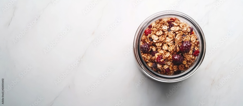 Poster homemade granola in a clear glass jar topped with red berries on a light marble background with soft