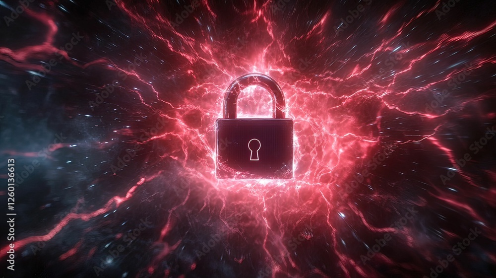 Poster cybersecurity alert glowing padlock under attack in digital realm virtual environment high-tech conc