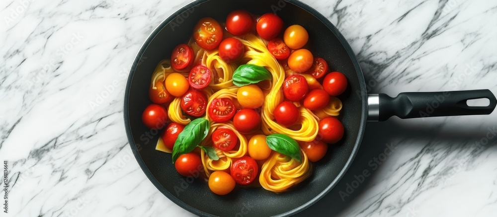 Poster vibrant pasta dish with colorful cherry tomatoes and fresh basil in a black frying pan on a textured