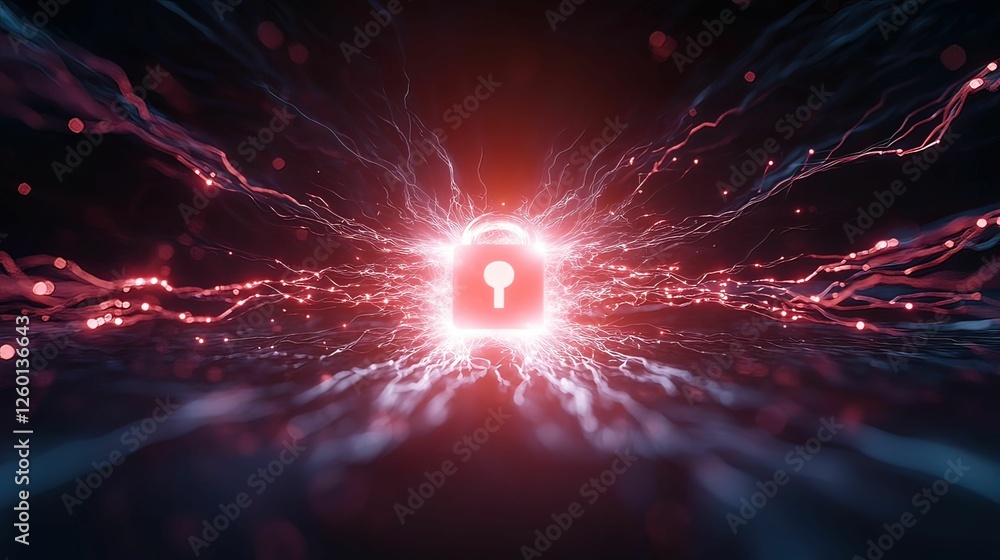 Poster cybersecurity alert high-tech padlock under attack in digital realm 3d visualization futuristic envi