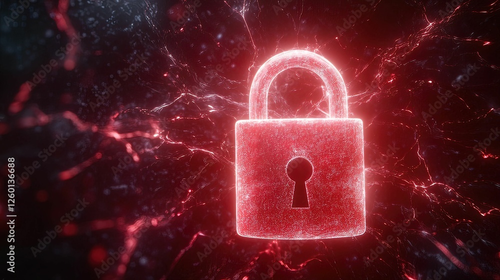 Poster high-tech attack on a glowing padlock cybersecurity concept digital environment futuristic viewpoint