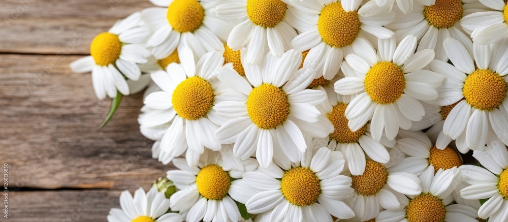 Aufkleber yellow and white daisy flowers arranged creatively on a rustic wooden surface with copy space for de