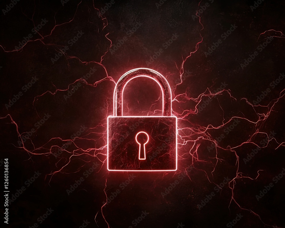 Poster dynamic glowing neon hightech padlock in a dark environment visual concept graphic design