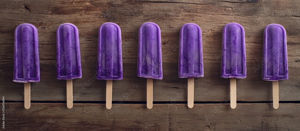 Poster homemade blueberry vanilla ice pops arranged symmetrically in a cluster on rustic wooden surface wit