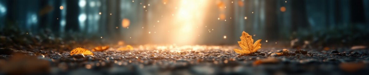 Warm sunlight filtering through trees illuminates autumn leaves on the ground in a tranquil woodland setting