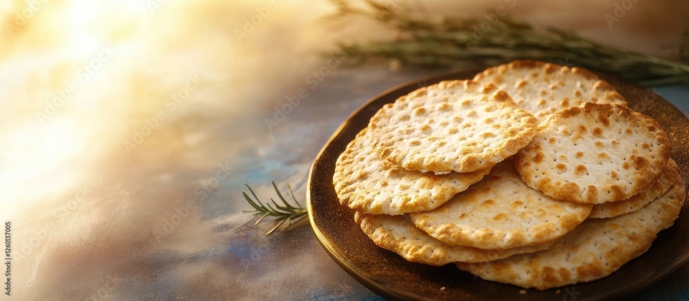 Poster Traditional matzo flatbreads stacked on a rustic plate against a warm light background with soft summer colors creating a serene festive ambiance.
