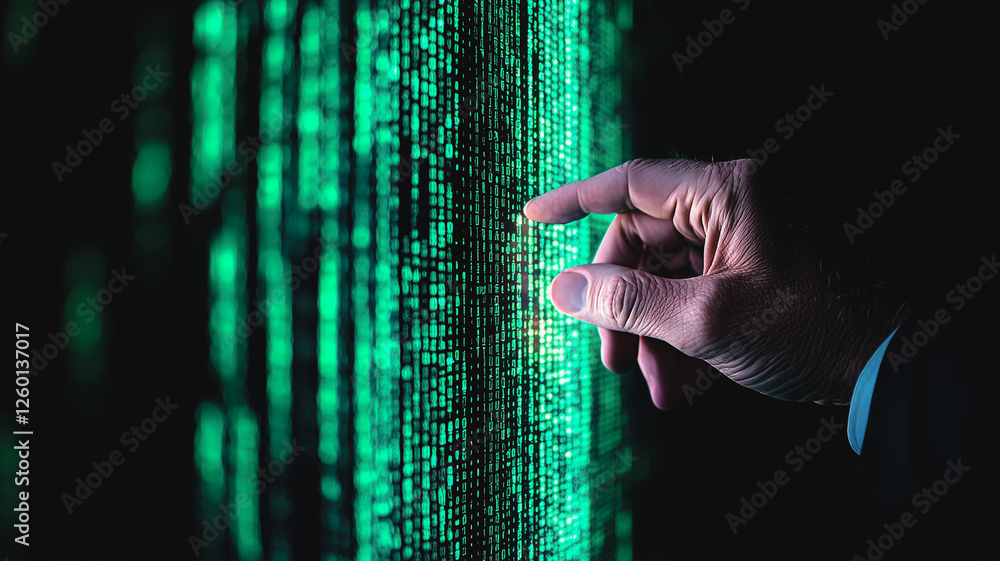 Poster digital touch: a hand gently interacts with cascading lines of vibrant green code, symbolizing the i
