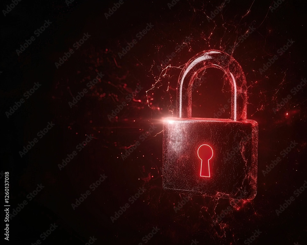 Poster high-tech unlocked glowing padlock visualization digital realm graphic design cybersecurity abstract