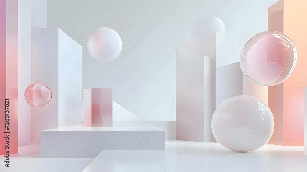 Poster a d rendering of a room with a white background and pink and white objects