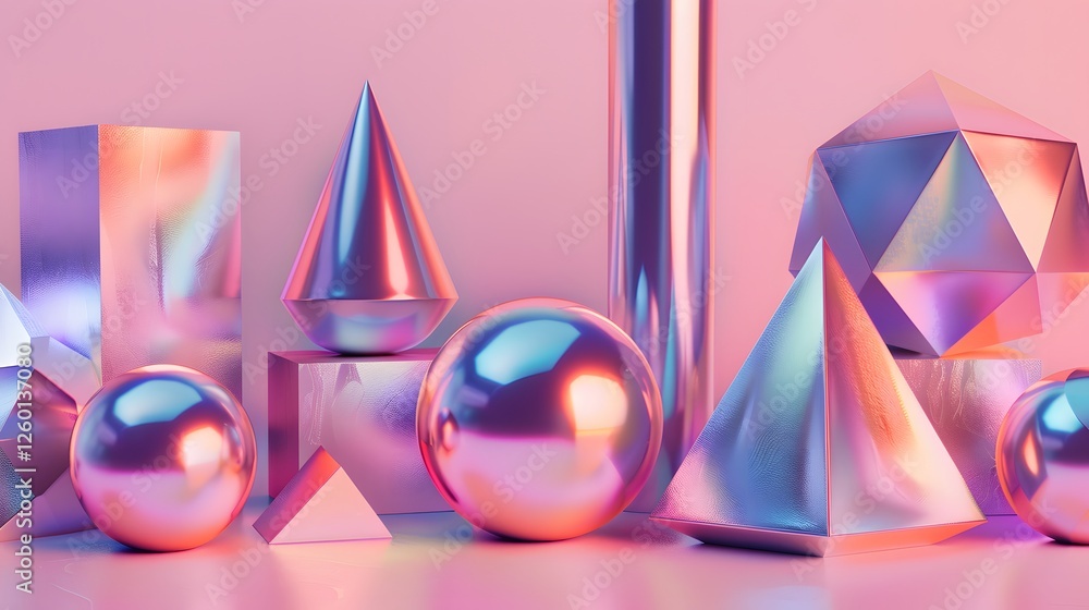 Poster a group of metallic objects with different shapes and colors