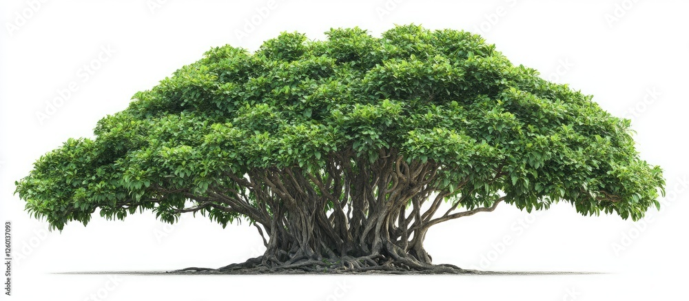 Poster lush green tropical tree with broad canopy positioned centrally on a clean white background showcasi