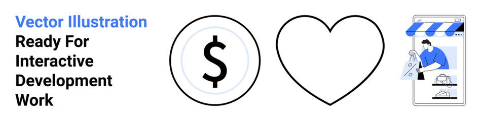 Dollar sign symbol, heart icon, and an online shopping interface under a storefront canopy with a barber working. Ideal for e-commerce, finance, shopping, love, savings, retail flat landing page