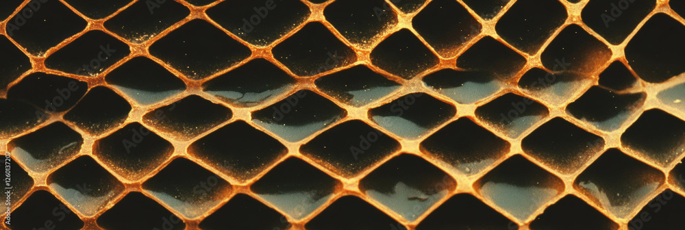 Poster Intricate texture of golden brown cone wafer with grid pattern capturing light reflections