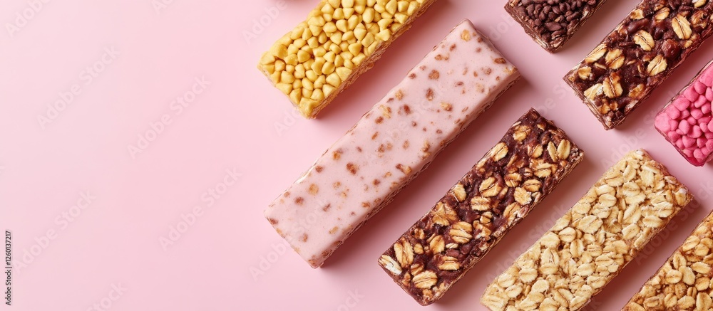 Poster assorted granola bars in various colors on a light pink background with ample copy space showcasing 