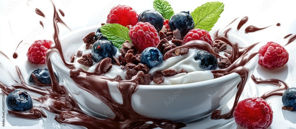 Aufkleber bowl of creamy yogurt topped with vibrant fresh berries and chocolate granola with splashes of yogur