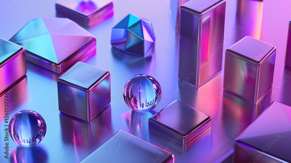 Poster a group of shiny objects are arranged on a table