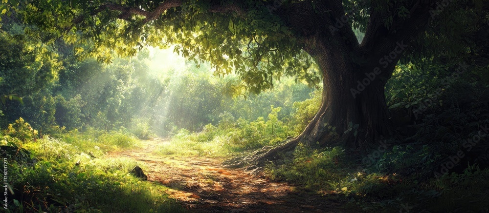 Poster Sunlight filters through lush green leaves illuminating a serene forest path lined with vibrant trees and soft earthy tones, evoking tranquility.