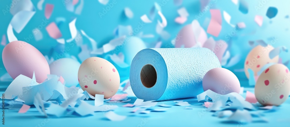 Aufkleber vibrant blue background with a central roll of paper surrounded by pastel-colored eggs and colorful 
