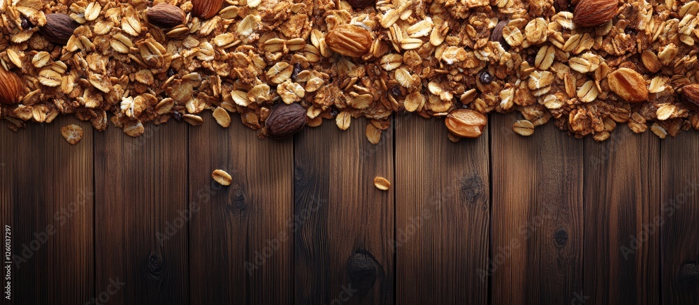 Aufkleber Granola mix with oats and nuts scattered on a dark wooden surface creating a rustic feel with warm earthy tones and textures