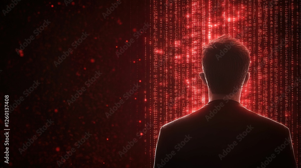 Poster hacker manipulating red code in digital realm virtual environment graphic illustration dark ambience