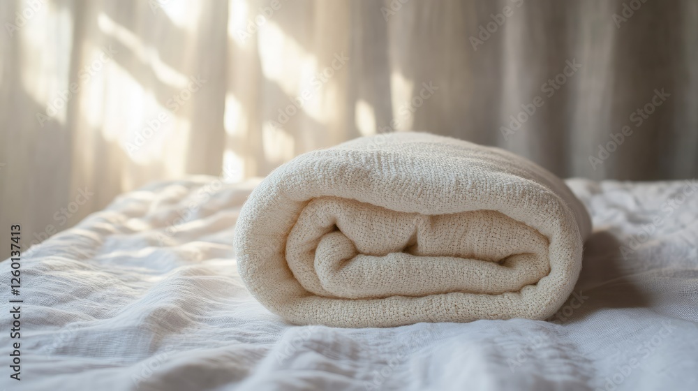 Aufkleber a soft blanket rolled neatly on a bed with clear space for text or design elements.