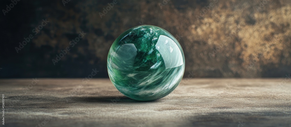 Poster handcrafted green glass marble with swirling patterns positioned centrally on a rustic stone surface