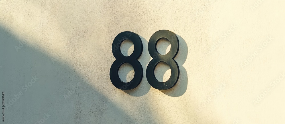 Fototapete Black house number 88 mounted on a light-colored wall with soft shadows adding depth; minimalistic aesthetic capturing urban charm and character.