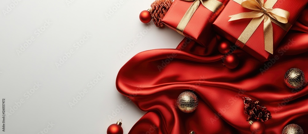 Poster red silk fabric draped elegantly with golden ornaments and festive gifts in the top left, creating a