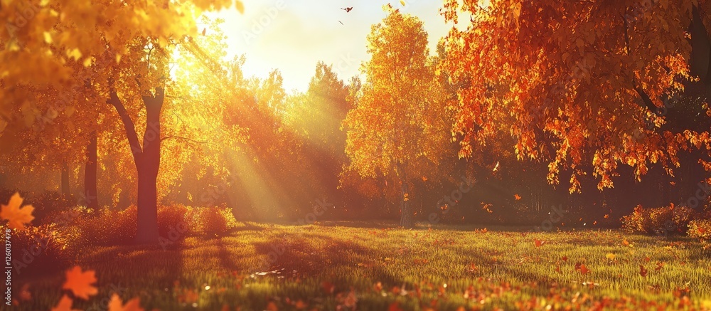 Poster sunny autumn forest landscape with golden orange trees and sun rays illuminating a serene fall backd