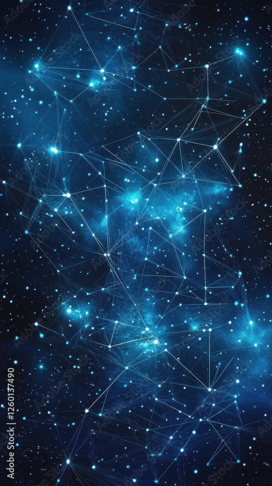 Poster interconnected lines and dots overlayed on a starry galaxy background
