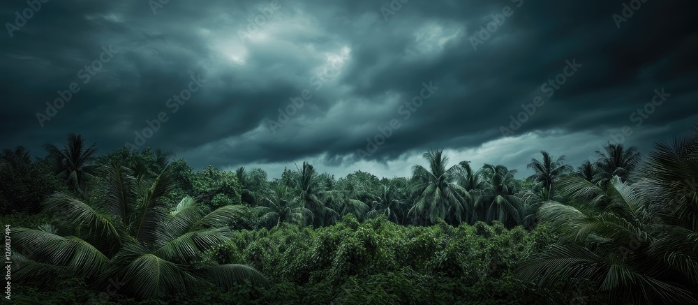 Poster mysterious rainforest jungle under a dark sky with swirling clouds, lush green foliage in the foregr