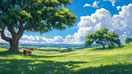 Obraz premium Summer tranquility: Horse grazing in a idyllic meadow with flowering grass, trees, and distant hills under a sky with fluffy clouds