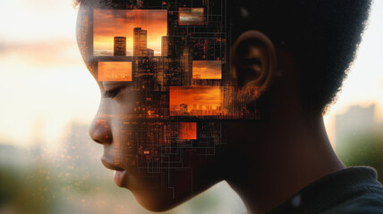 Young Mind, Urban Landscape: A child's contemplative face is overlaid with a vibrant cityscape and futuristic digital circuitry, symbolizing the intersection of youth, technology.