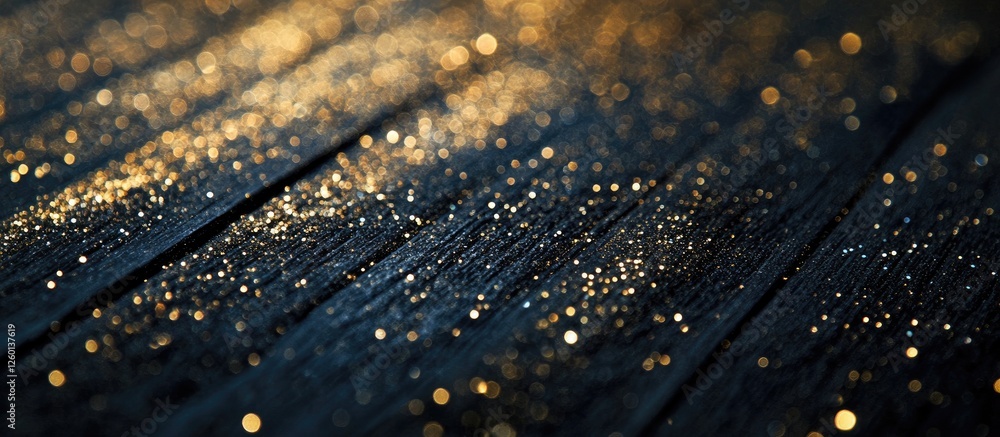 Aufkleber Glittering diagonal gold sparkles on dark textured wood create a dazzling display of light with shimmering brightness and elegant depth.