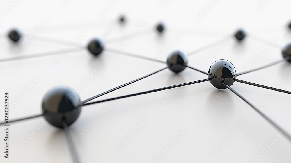 Poster network connection: abstract image of interconnected black spheres representing nodes in a network, 