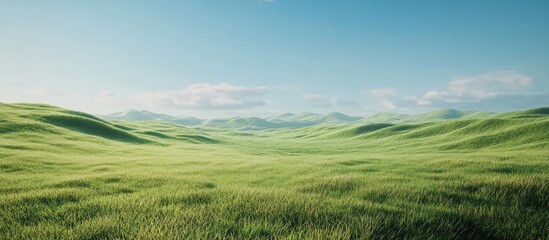 Fototapeta premium Vast green grassland under a clear blue sky with soft clouds scattered across the horizon creating a serene natural landscape.