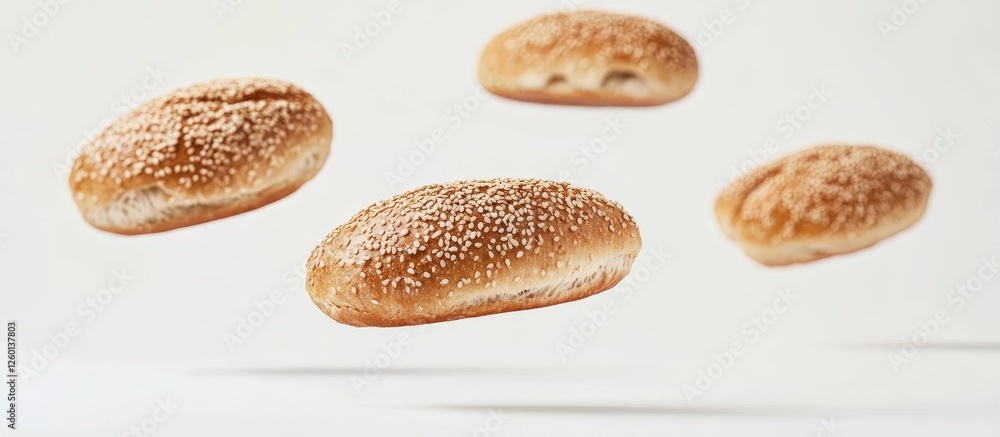 Aufkleber floating sesame seed baguettes against a clean white background with soft shadows highlighting their