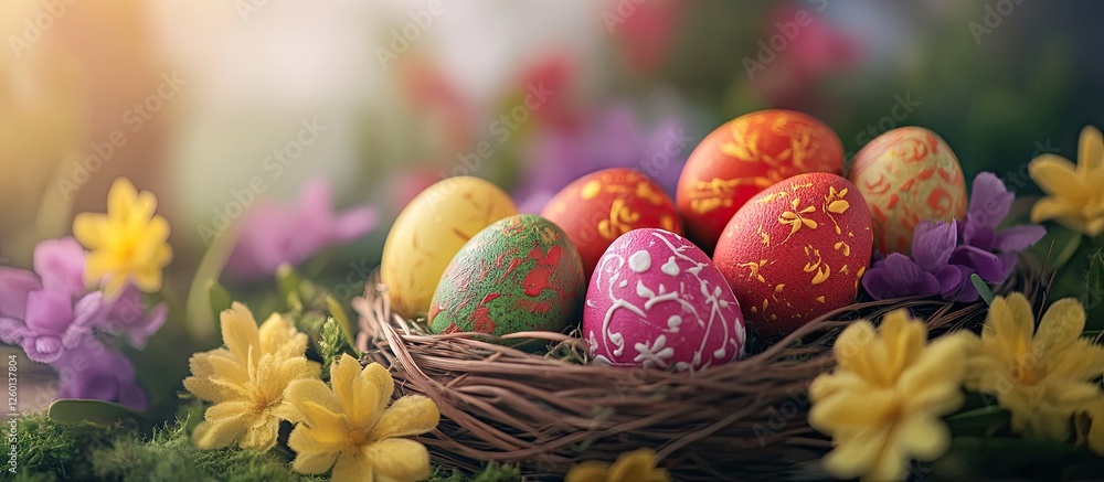 Poster colorful easter eggs in a nest surrounded by vibrant flowers, soft sunlight streaming in from the le