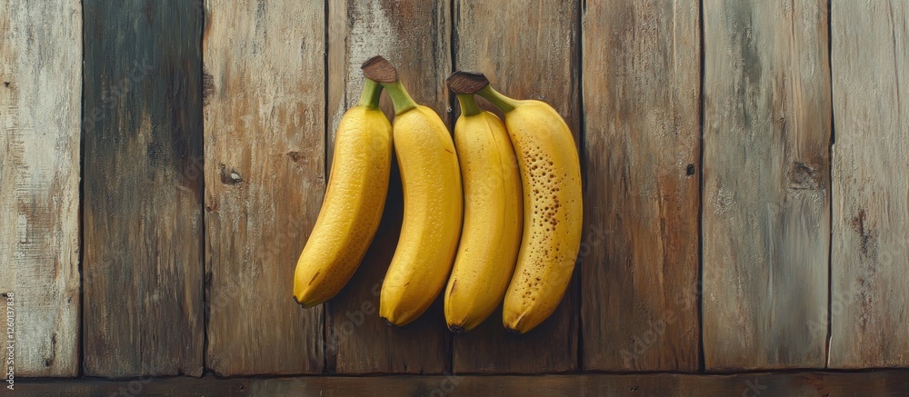 Aufkleber fresh ripe bananas arranged in a row on rustic wood background with earthy tones and textures creati