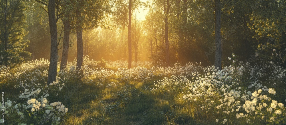 Poster sunset illumination in a lush green forest with blooming flowers, warm golden light filtering throug