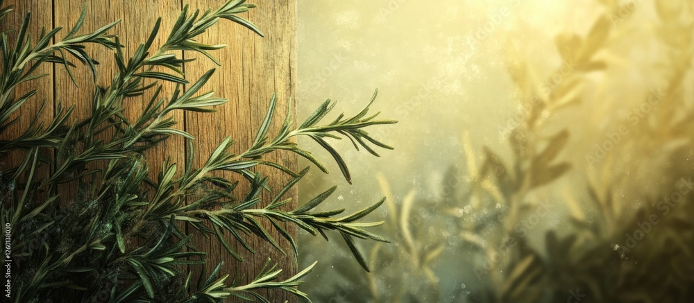 Leinwandbilder Wooden background with soft warm light illuminating green foliage in the foreground and a blurred leafy backdrop creating depth and tranquility.