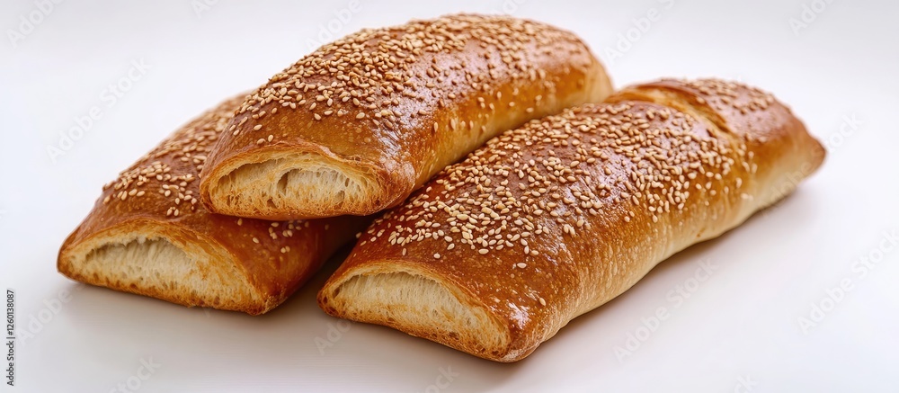Poster golden sesame seed baguettes arranged in a trio on a clean white background; highlighting their cris