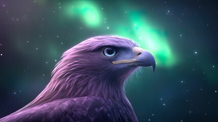 Mystical eagle eye gazing at shimmering auroras in cosmic landscape fantasy artwork ethereal environment close-up view