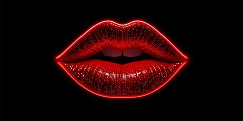 Red neon female red lips with lipstick isolated on black background
