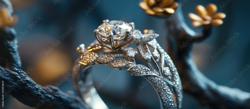 Aufkleber intricate silver floral ring setting featuring a central diamond, placed against a dark textured bac