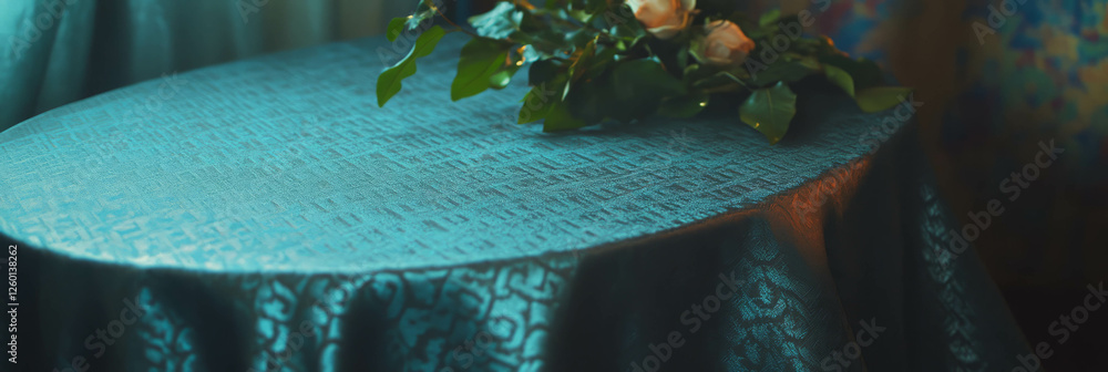 Poster Elegant gray brocade tablecloth featuring raised geometric patterns on a decorative table setting