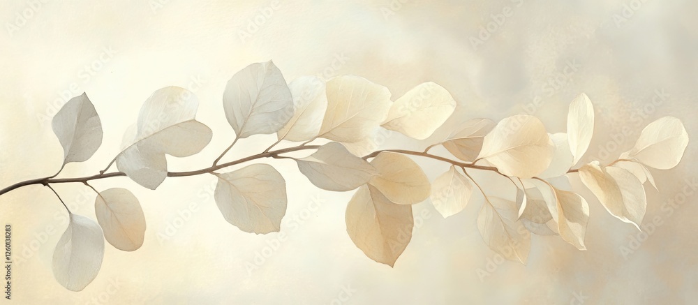 Aufkleber Delicate white-leafed plant branch positioned centrally against a soft beige background creating a tranquil and elegant atmosphere in watercolor style